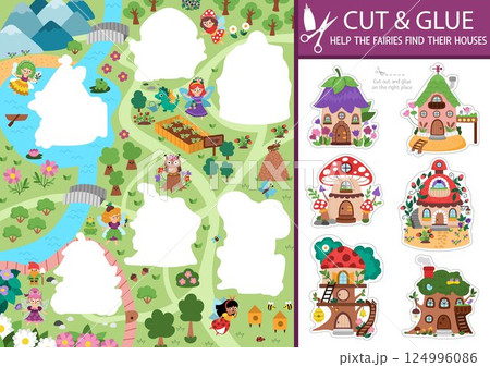 Vector woodland fairy cut and glue activity with missing houses. Crafting game with cute fairyland map or magic forest landscape. Fun printable worksheet. Find right piece of puzzle. Complete picture Vector woodland fairy cut and glue activity with missing houses. Crafting game with cute fairyland map or magic forest landscape. Fun printable worksheet. Find right piece of puzzle. Complete picture 124996086