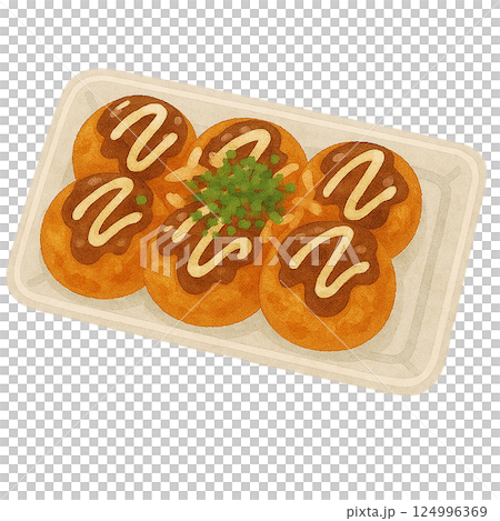 Watercolor illustration of a pack of takoyaki (6 pieces) 124996369