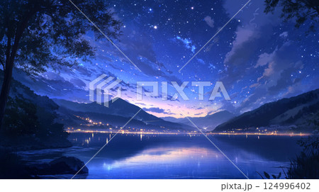 幻想的な星空と湖畔の美しい風景イラストレーション 124996402