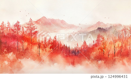 秋の紅葉と霧が織りなす幻想的な森林風景 秋の紅葉と霧が織りなす幻想的な森林風景 124996431