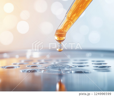 Close up of pipette tip ejecting droplet of liquid onto surface, showcasing precision and clarity in laboratory setting. background features soft bokeh lights Close up of pipette tip ejecting droplet of liquid onto surface, showcasing precision and clarity in laboratory setting. background features soft bokeh lights 124996599