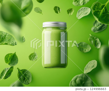 Freshly blended spinach smoothie in glass jar surrounded by green leaves, showcasing vibrant and healthy drink. Perfect for nutrition enthusiasts and wellness lovers 124996663