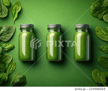 Freshly blended spinach smoothie in glass jars surrounded by spinach leaves, showcasing vibrant green color. Perfect for health enthusiasts and smoothie lovers 124996664