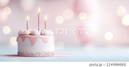 beautiful birthday cake with pink icing, three candles, and sprinkles, perfect for celebrations. soft gradient background adds festive touch to scene beautiful birthday cake with pink icing, three candles, and sprinkles, perfect for celebrations. soft gradient background adds festive touch to scene 124996669