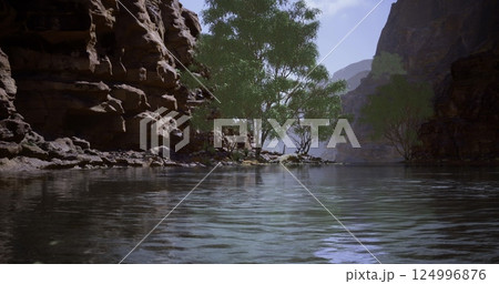 Serene riverbank with lush trees and rocky cliffs in tranquil nature setting Serene riverbank with lush trees and rocky cliffs in tranquil nature setting 124996876