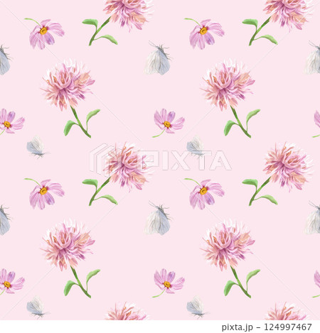 Seamless watercolor pattern with asters. 124997467