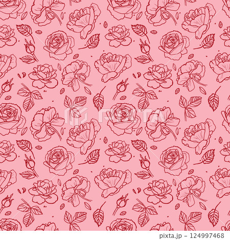 Vector pattern with red roses on a pink background Vector pattern with red roses on a pink background 124997468
