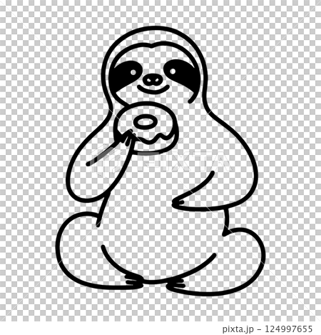 A simple hand-drawn line drawing of a sloth sitting and eating a donut as a snack, cut out on a transparent background 124997655