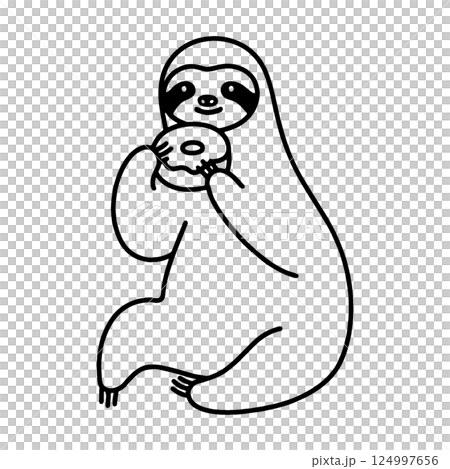 A simple hand-drawn line drawing of a sloth sitting and eating a donut as a snack, cut out on a transparent background 124997656