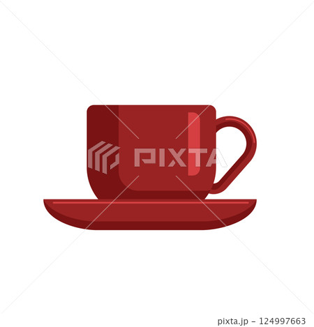 Red cup of coffee or tea standing in the center of a red saucer. Vector illustration. Flat style. Suitable for cafe design, posters, banners, cards, kitchen textiles. 124997663