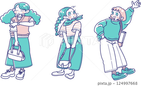 バッグを持った女の子のイラストセット バッグを持った女の子のイラストセット 124997668