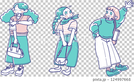 バッグを持った女の子のイラストセット バッグを持った女の子のイラストセット 124997668