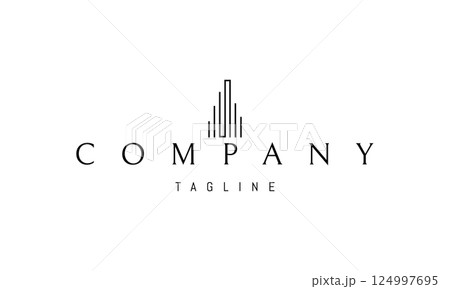 Vector logo with an abstract image of a skyscraper made of lines. 124997695