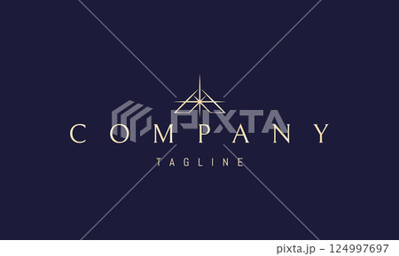 Vector golden logo with an abstract image of a house roof in the shape of the letter A with a star. Vector golden logo with an abstract image of a house roof in the shape of the letter A with a star. 124997697