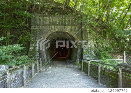 碓氷峠の旧信越線にかかるレンガ造りの眼鏡橋の橋上とトンネル 碓氷峠の旧信越線にかかるレンガ造りの眼鏡橋の橋上とトンネル 124997743