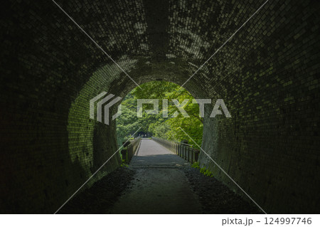碓氷峠の旧信越線にかかる眼鏡橋上のレンガ造りのトンネル 碓氷峠の旧信越線にかかる眼鏡橋上のレンガ造りのトンネル 124997746