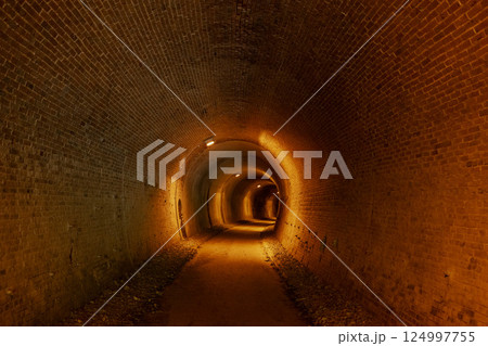碓氷峠の旧信越線にかかる眼鏡橋上のレンガ造りのトンネル 碓氷峠の旧信越線にかかる眼鏡橋上のレンガ造りのトンネル 124997755