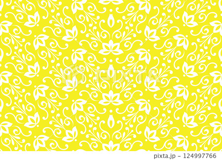 Flower geometric pattern. Seamless vector background. White and yellow ornament Flower geometric pattern. Seamless vector background. White and yellow ornament 124997766