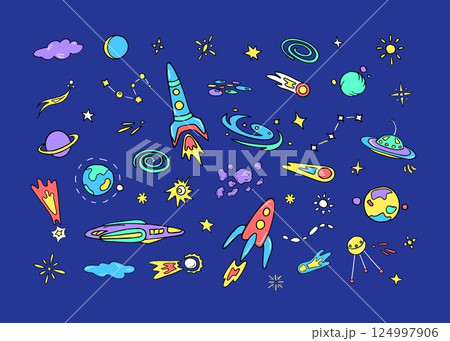 Space travel, fun colored doodles Space travel, fun colored doodles 124997906