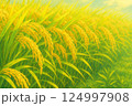 収穫前の黄金色の稲穂が風に揺れるイラスト 124997908