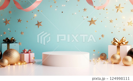 minimalist white podium is surrounded by festive decorations, including colorful gift boxes, shiny ornaments, and sparkling stars, creating joyful atmosphere for celebrations 124998111