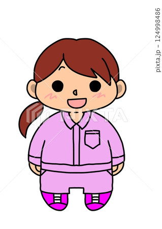 桃色の作業服を着たポニーテール女性 124998486