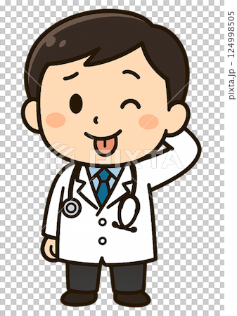 一位身穿白大褂、戴著聽診器的男醫生伸出舌頭，表情俏皮 124998505