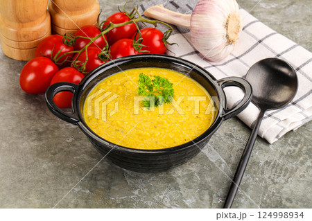 Vegetarian corn cream soup served parsley 124998934