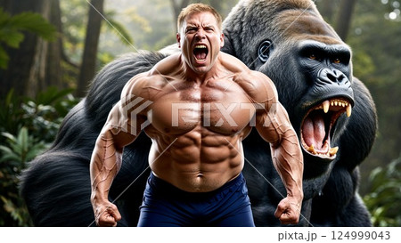 ビーストモードコンセプト:野性的に咆哮する筋肉質な男性 ビーストモードコンセプト:野性的に咆哮する筋肉質な男性 124999043