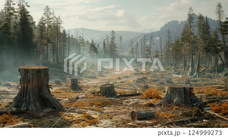 A Photorealistic Scene Depicting A Once-Lush Forest A Photorealistic Scene Depicting A Once-Lush Forest 124999273