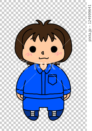 A short-haired woman wearing blue work clothes 124999641