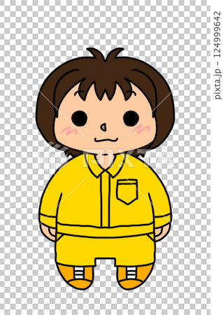 A short-haired woman wearing yellow work clothes A short-haired woman wearing yellow work clothes 124999642