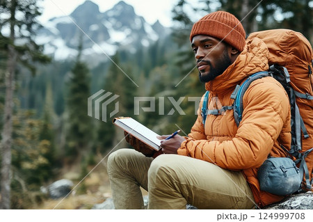 Cropped photo of a man takes notes in a paper notebook while hiking. The hiker pauses to reflect, using his notebook to document ideas and inspirations gained from the scenic trail. 124999708