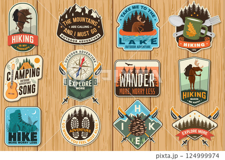 Set of logo, badge design with inspirational adventure quotes. Concept with pin forest, hiker, hiking boots, moose in canoe, lake and mountain. Vector illustration. Set of logo, badge design with inspirational adventure quotes. Concept with pin forest, hiker, hiking boots, moose in canoe, lake and mountain. Vector illustration. 124999974