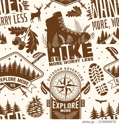 Hiking outdoor adventure seamless pattern. Background, wallpaper, seamless pattern with pin forest, old retro compass, trekking sticks, hiking boots and mountain. Vector. Hiking outdoor adventure seamless pattern. Background, wallpaper, seamless pattern with pin forest, old retro compass, trekking sticks, hiking boots and mountain. Vector. 124999976