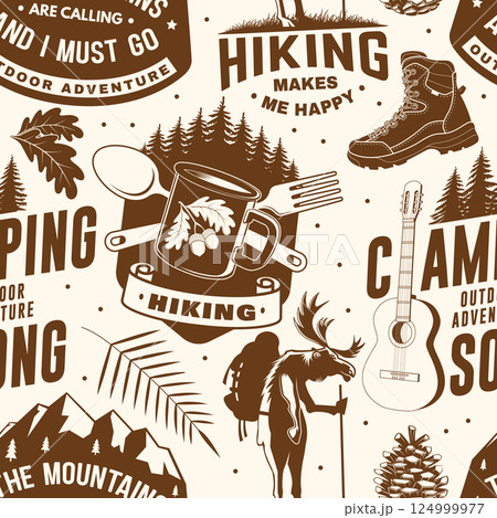 Hiking outdoor adventure seamless pattern. Background, wallpaper, seamless pattern with pin forest, coffee or tea mug, fork and spoon, hiking boots, moose and mountain. Vector. Hiking outdoor adventure seamless pattern. Background, wallpaper, seamless pattern with pin forest, coffee or tea mug, fork and spoon, hiking boots, moose and mountain. Vector. 124999977