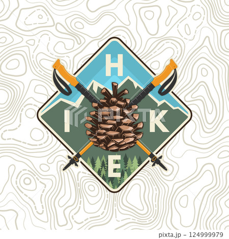 Hike. Vector illustration. Extreme adventure. Concept for shirt or logo, print, stamp. Landscape with pine cone and trekking sticks Hike. Vector illustration. Extreme adventure. Concept for shirt or logo, print, stamp. Landscape with pine cone and trekking sticks 124999979