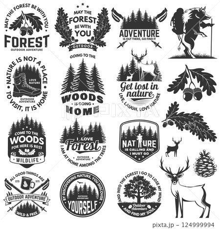 Set of logo, badge design with inspirational adventure quotes. Concept for shirt or logo, print, stamp or tee with oak leaf and acorns, hiking boot, pin forest, coffee or tea mug, Trekking sticks 124999994
