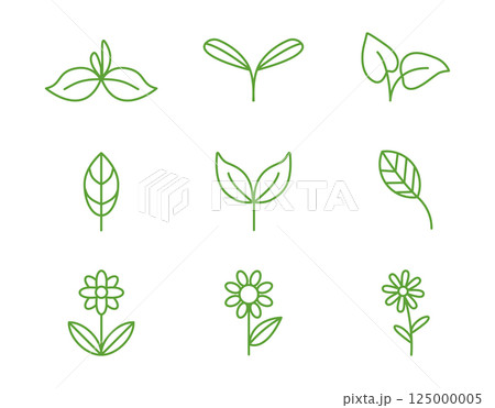 A set of icons with plants, foliage, flowers, natural linear symbols, logos dedicated to caring for nature. Highlighting environmental issues of nature, caring for plants, landscaping. 125000005