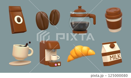 3D coffee icons. Realistic cafe food. Drink ceramic cup. Breakfast croissant. Latte mug. Espresso beverage. Glass teapot. Arabica beans bag. Barista machine. Vector render objects set 125000080