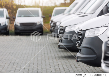 Fleet new modern electric hybrid hydrogen or diesel white vans parked in line row outdoors. Cargo freight industrial courier transportation logistics service. Commercial vehicle maintenance insurance Fleet new modern electric hybrid hydrogen or diesel white vans parked in line row outdoors. Cargo freight industrial courier transportation logistics service. Commercial vehicle maintenance insurance 125000134