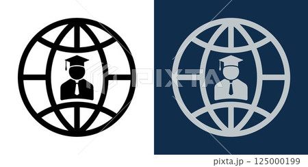 Graduation globe icon. Global Online Education Icon. Student with Graduation Cap Inside Globe Symbol. Online learning, international knowledge, distance study, virtual school. 125000199