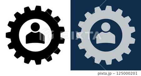 Gear with User Icon. Symbol of Person Inside Cogwheel. Admin Settings, Configuration, System Preferences, User Control Panel for Web, App, or Software UI Design. 125000201