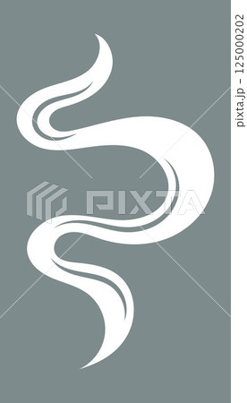 Abstract white smoke swirl resembling tea steam or perfume aroma on gray background. Elegant vapor shape for spa, fragrance, or tea-related design. Minimal artistic decoration element. 125000202