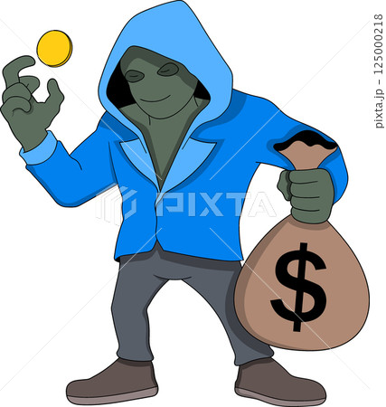 Cartoon Hooded Figure Holding Money Bag and Coin Cartoon Hooded Figure Holding Money Bag and Coin 125000218