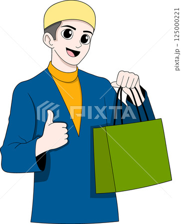 Muslim Boy Cartoon with Shopping Bag and Thumbs Up Muslim Boy Cartoon with Shopping Bag and Thumbs Up 125000221