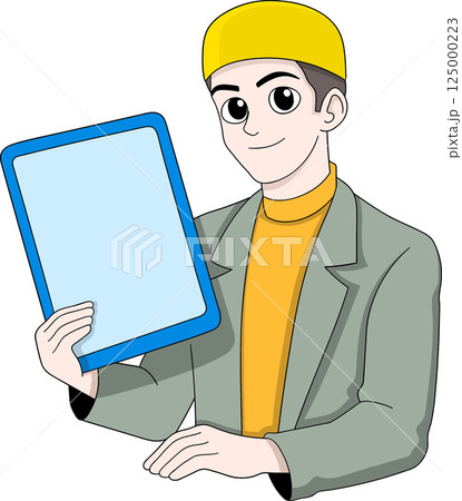 Muslim Businessman Boy Cartoon Holding Tablet for Presentation 125000223