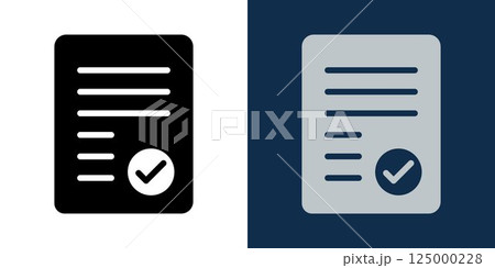 Document approval icon. Contract paper with check mark symbol. Legal form validation, confirmed report or signed file icon in flat black and blue style for business, office and corporate use. 125000228