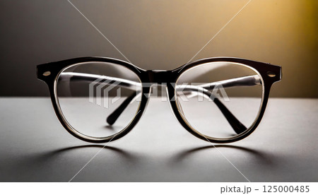A pair of stylish black-framed eyeglasses is presented against a softly lit background, symbolizing clarity of sight and intellectual focus. 125000485
