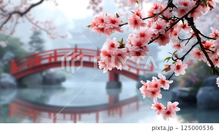 Pink cherry blossom framing a traditional japanese red bridge in a misty garden 125000536